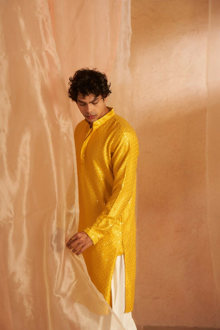Yellow Viscose Chikankari Embroidery Work Men's Traditional Kurta Set - Mahotsav | Grocsy