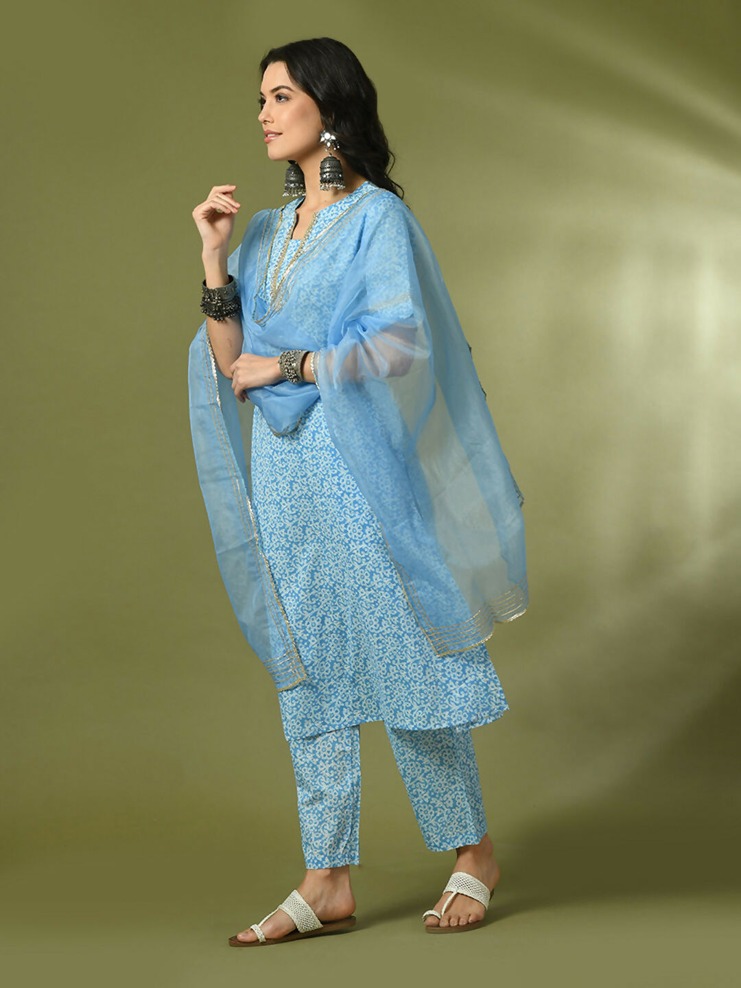 Myshka Women's Blue Printed Cotton Straight Party Kurta Set With Dupatta | Grocsy