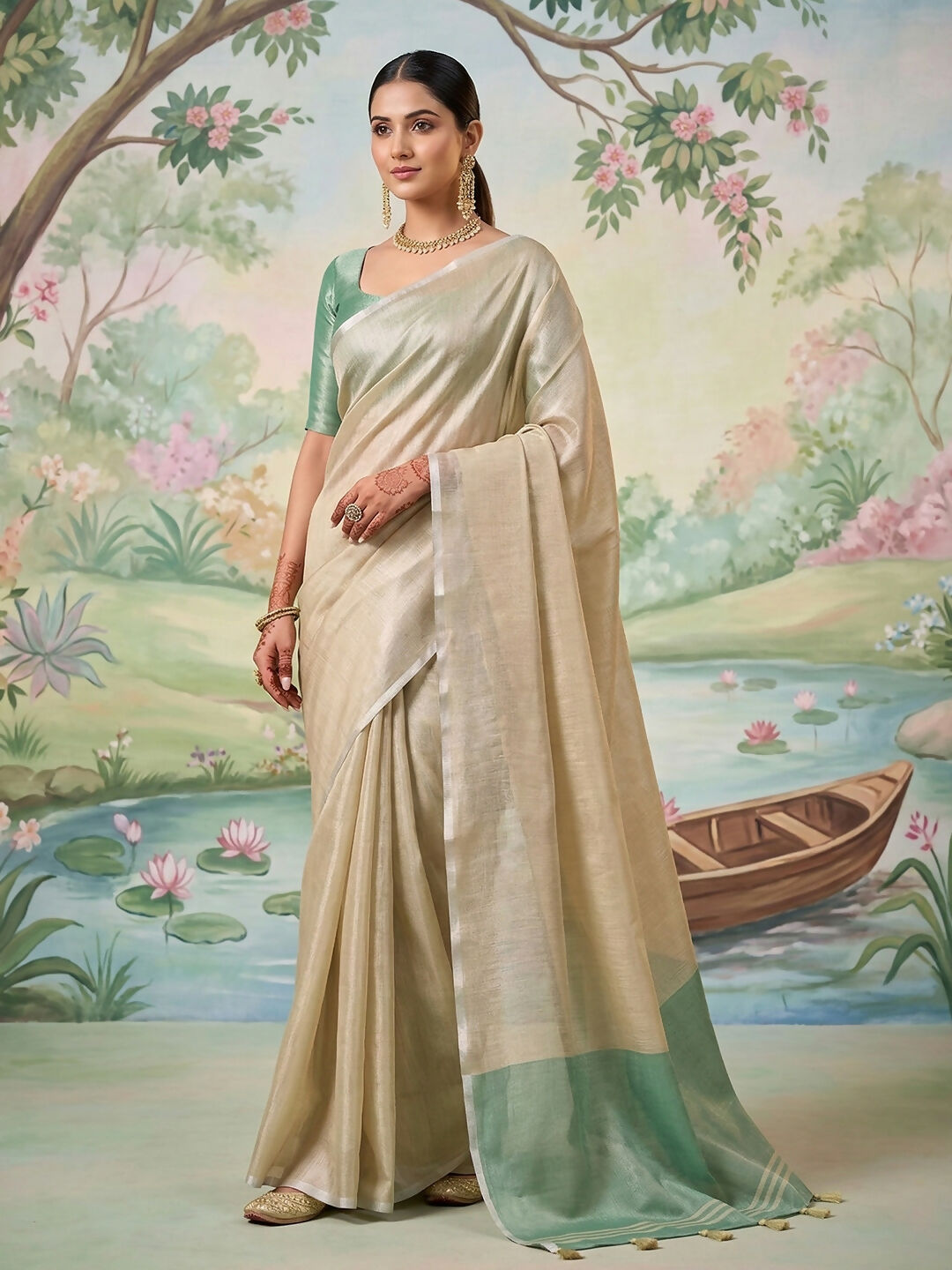 Shree Shyam Fashion Beige Tissue Silk Saree | Grocsy