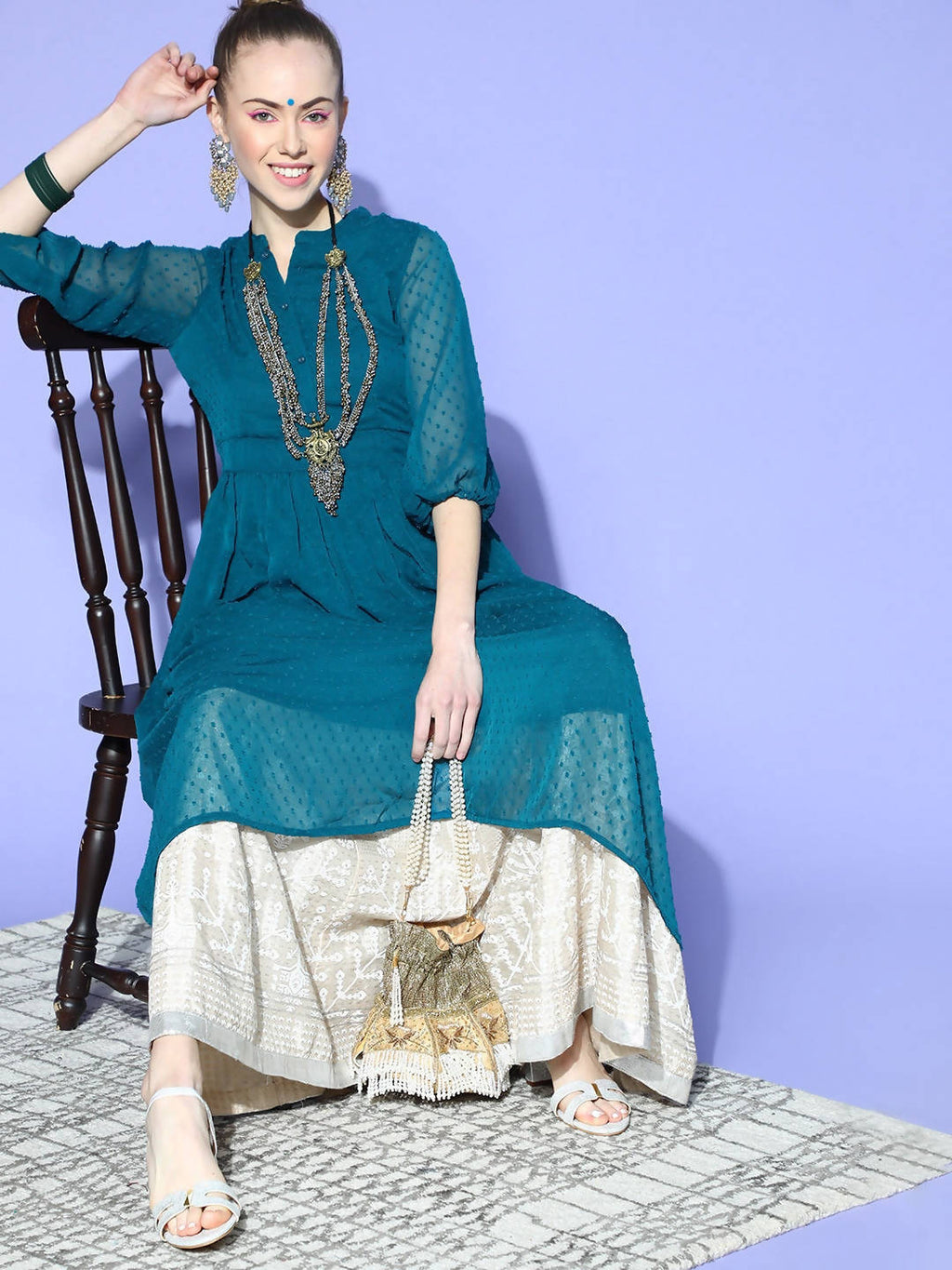 Janasya Women Teal Woven Design Dobby Weave Kurta | Grocsy