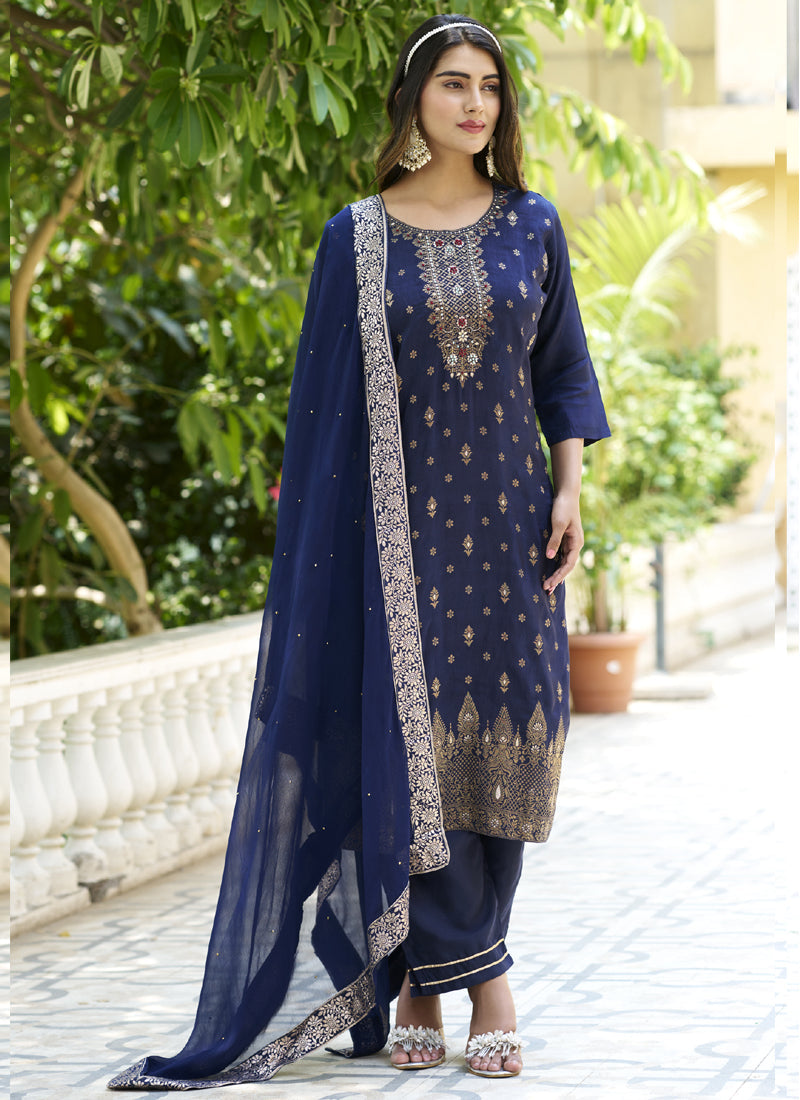 Vegaa Fashion Navy Blue Viscose Rayon Embroidered Salwar Suit | Grocsy