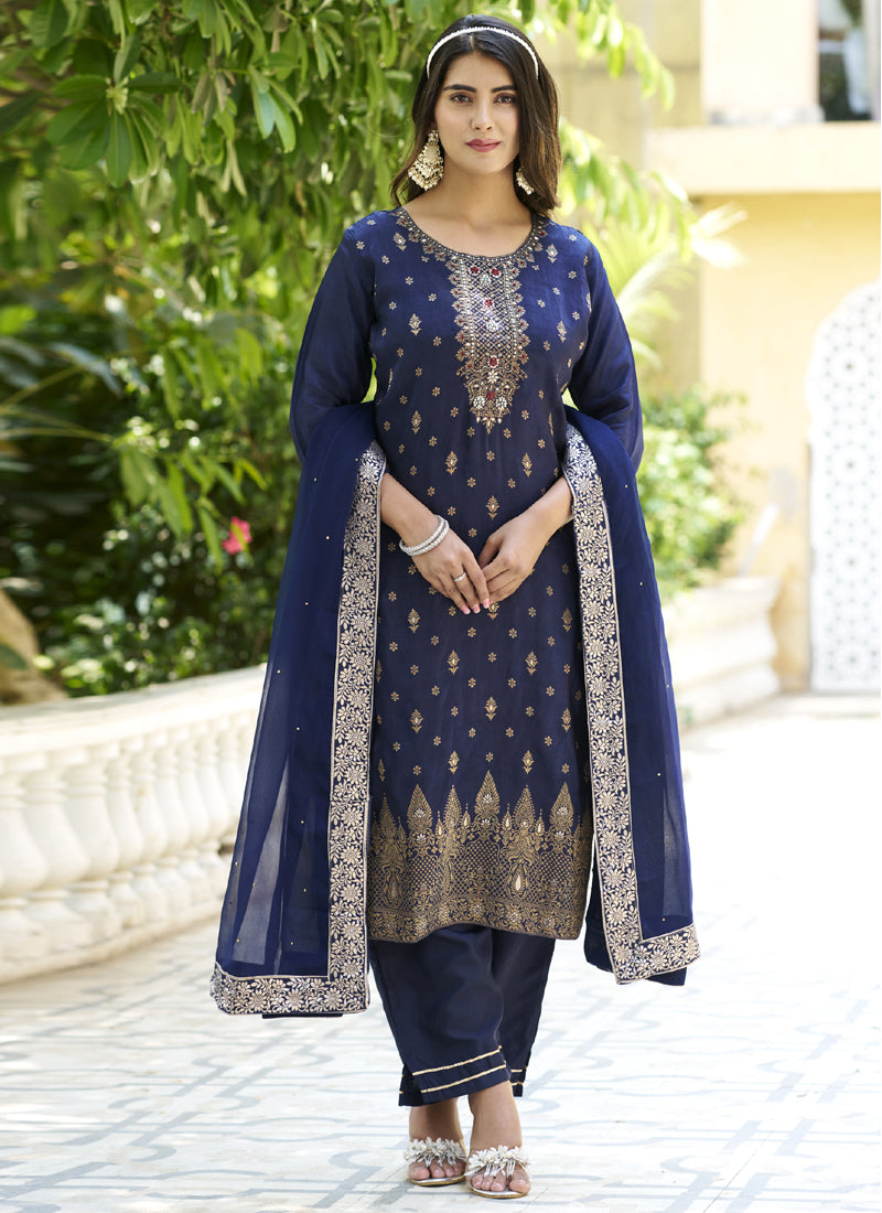 Vegaa Fashion Navy Blue Viscose Rayon Embroidered Salwar Suit | Grocsy
