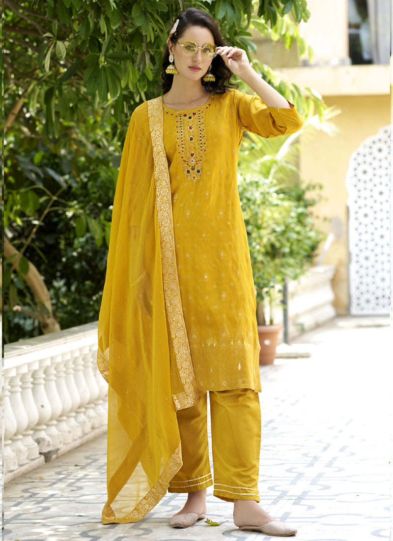Vegaa Fashion Yellow Viscose Rayon Embroidered Salwar Suit | Grocsy