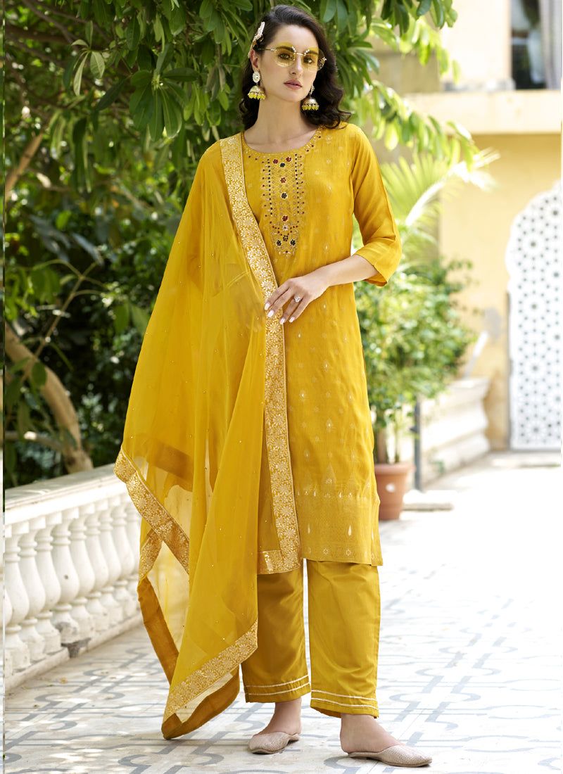 Vegaa Fashion Yellow Viscose Rayon Embroidered Salwar Suit | Grocsy