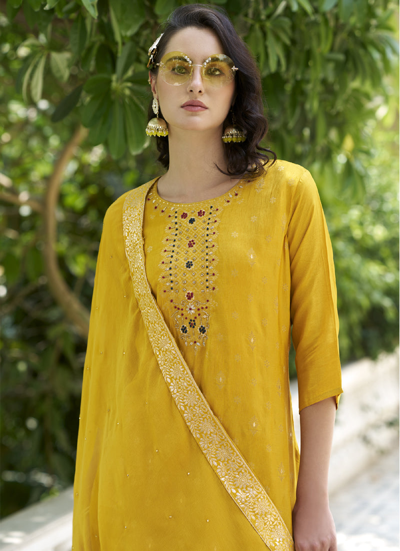 Vegaa Fashion Yellow Viscose Rayon Embroidered Salwar Suit | Grocsy