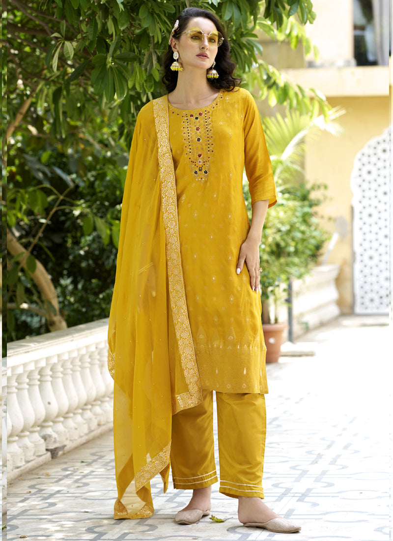 Vegaa Fashion Yellow Viscose Rayon Embroidered Salwar Suit | Grocsy
