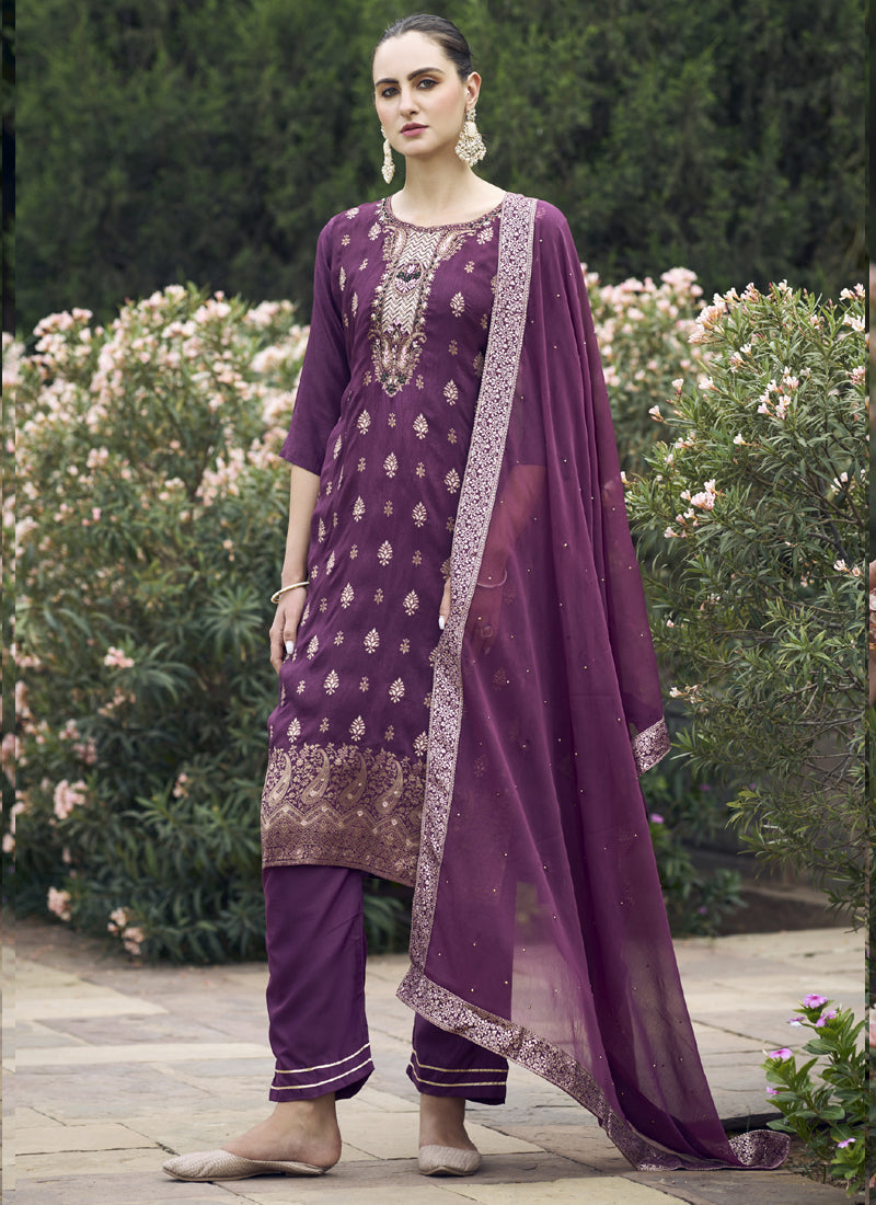 Vegaa Fashion Wine Viscose Rayon Embroidered Salwar Suit | Grocsy