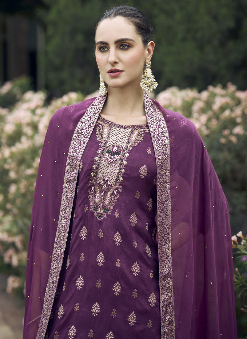 Vegaa Fashion Wine Viscose Rayon Embroidered Salwar Suit | Grocsy