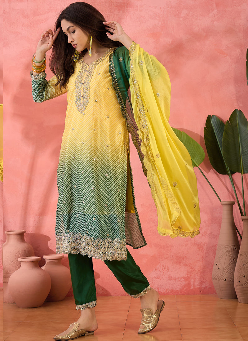 Vegaa Fashion Yellow Chinon Silk Embroidered Salwar Suit | Grocsy