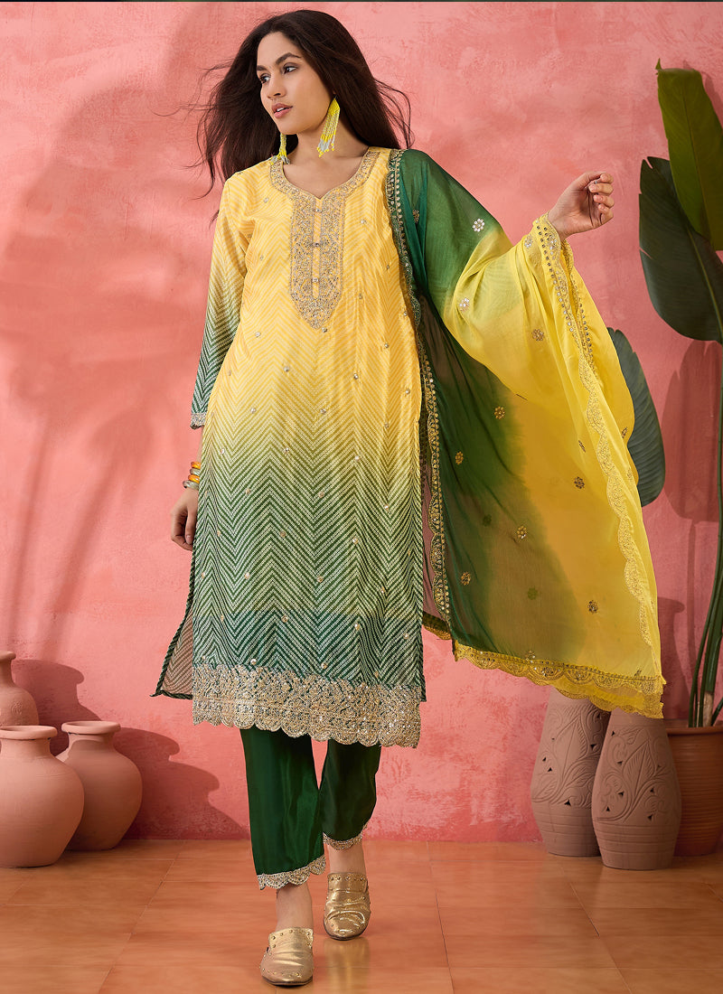 Vegaa Fashion Yellow Chinon Silk Embroidered Salwar Suit | Grocsy