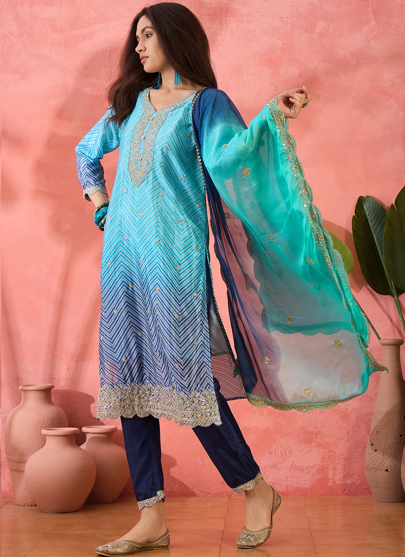 Vegaa Fashion Sky Blue Chinon Silk Embroidered Salwar Suit | Grocsy