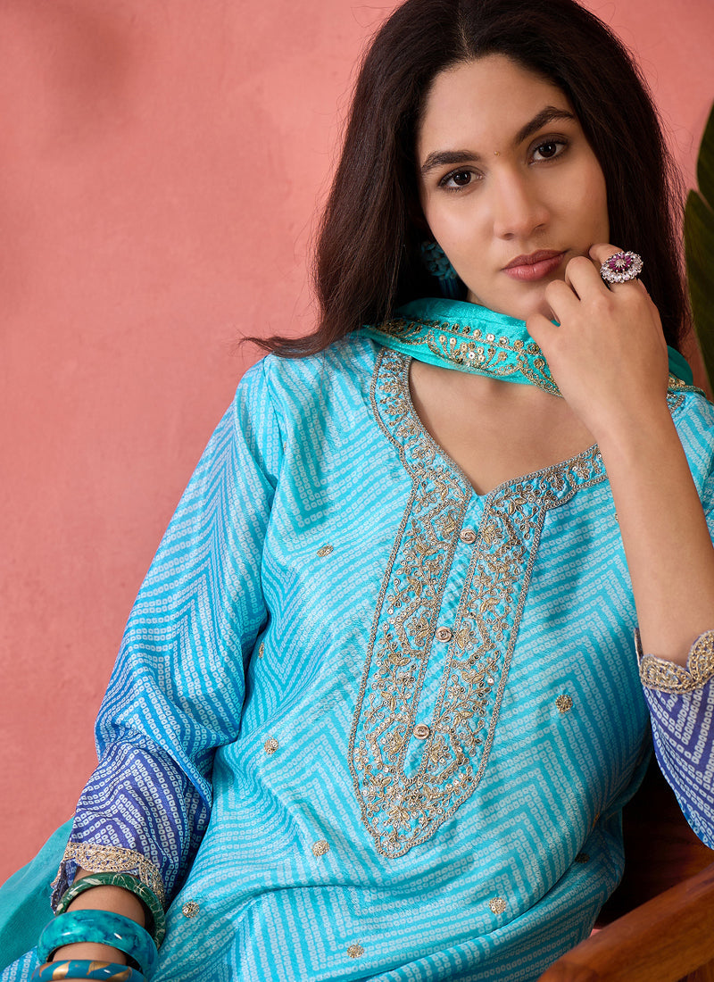 Vegaa Fashion Sky Blue Chinon Silk Embroidered Salwar Suit | Grocsy