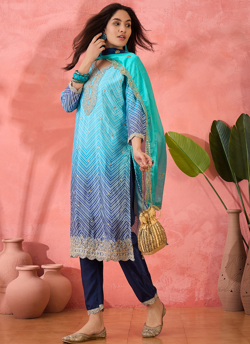 Vegaa Fashion Sky Blue Chinon Silk Embroidered Salwar Suit | Grocsy