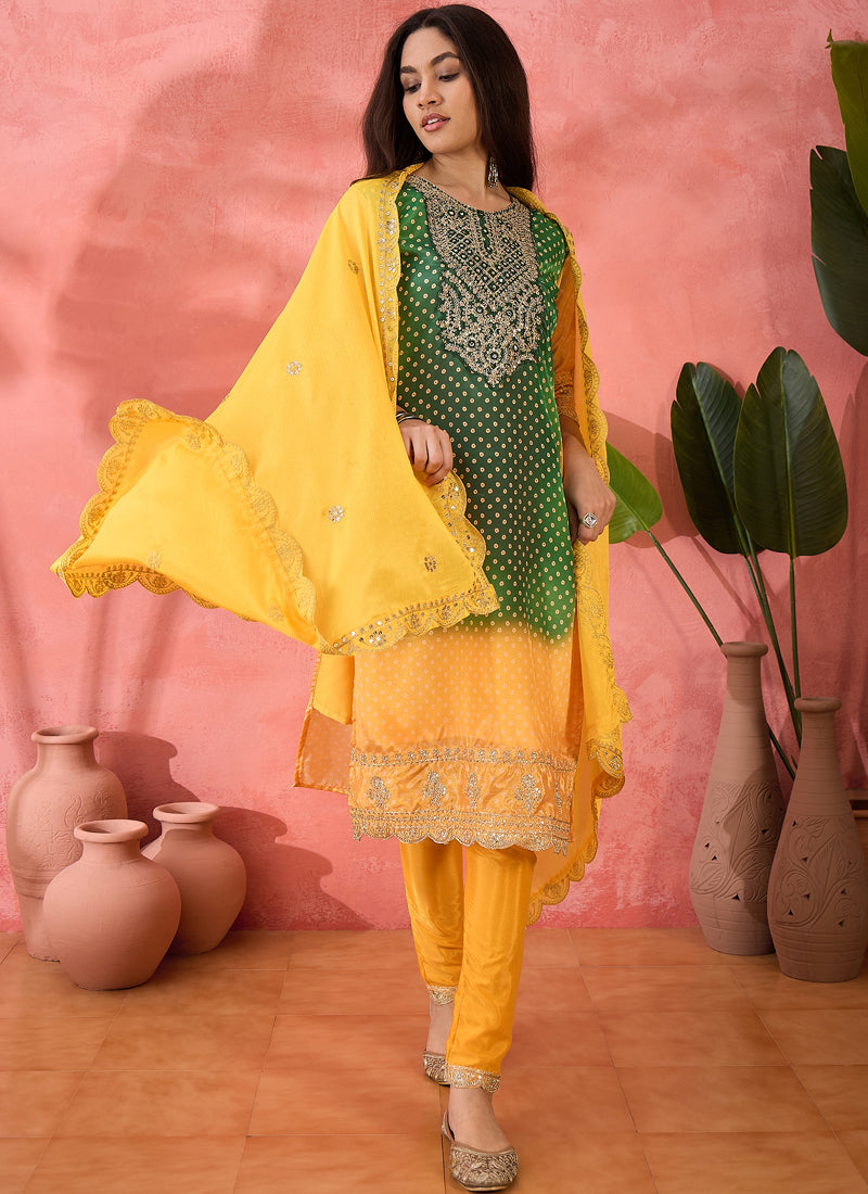 Vegaa Fashion Green And Yellow Chinon Silk Embroidered Salwar Suit | Grocsy