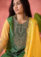 Vegaa Fashion Green And Yellow Chinon Silk Embroidered Salwar Suit | Grocsy