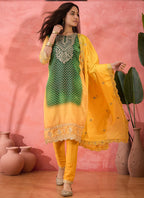 Vegaa Fashion Green And Yellow Chinon Silk Embroidered Salwar Suit | Grocsy