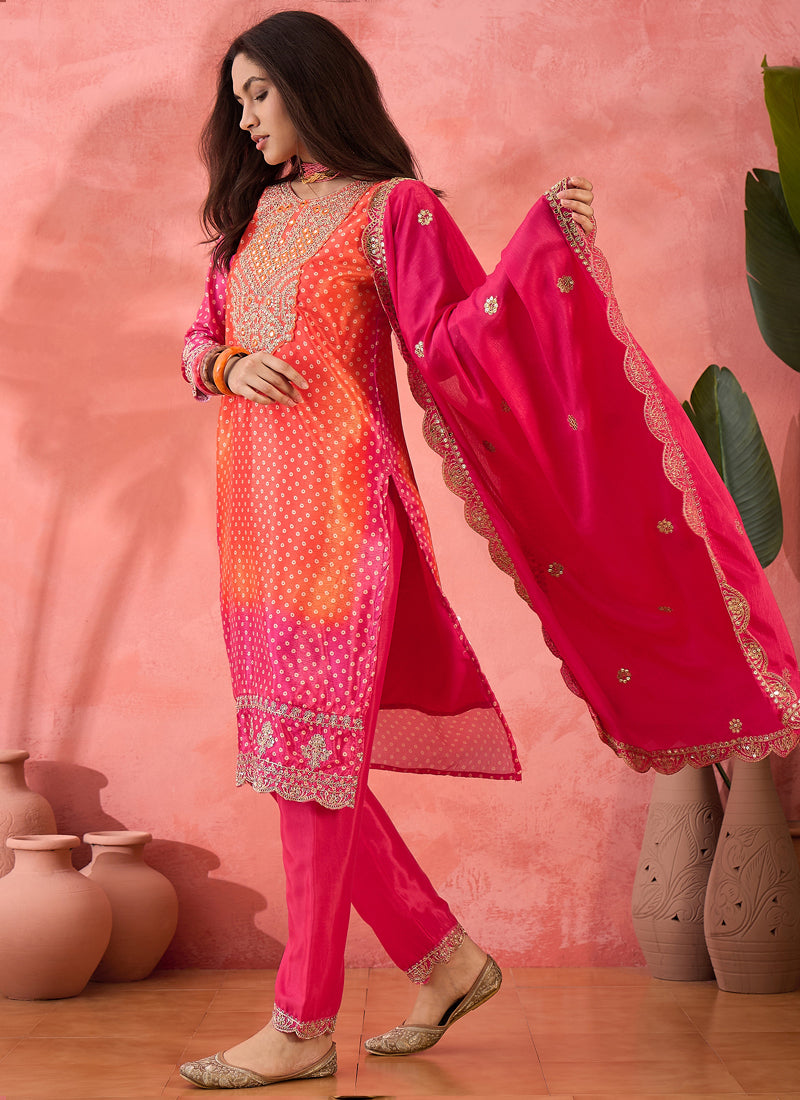 Vegaa Fashion Pink And Orange Chinon Silk Embroidered Salwar Suit | Grocsy