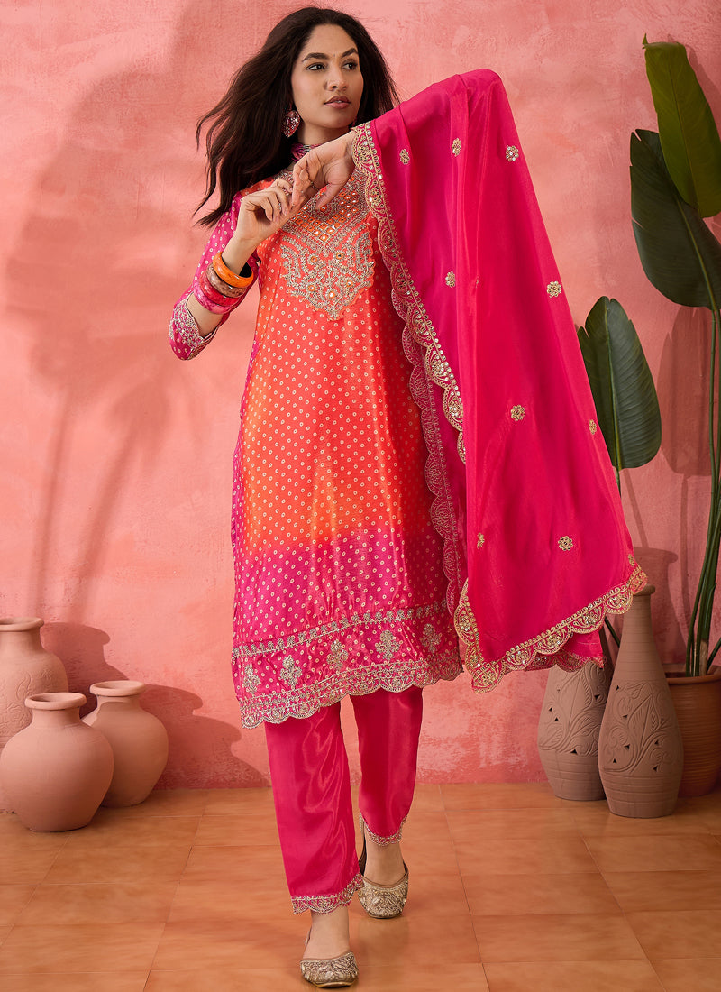 Vegaa Fashion Pink And Orange Chinon Silk Embroidered Salwar Suit | Grocsy