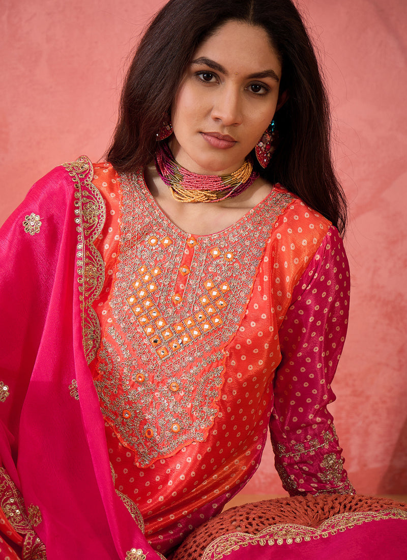 Vegaa Fashion Pink And Orange Chinon Silk Embroidered Salwar Suit | Grocsy