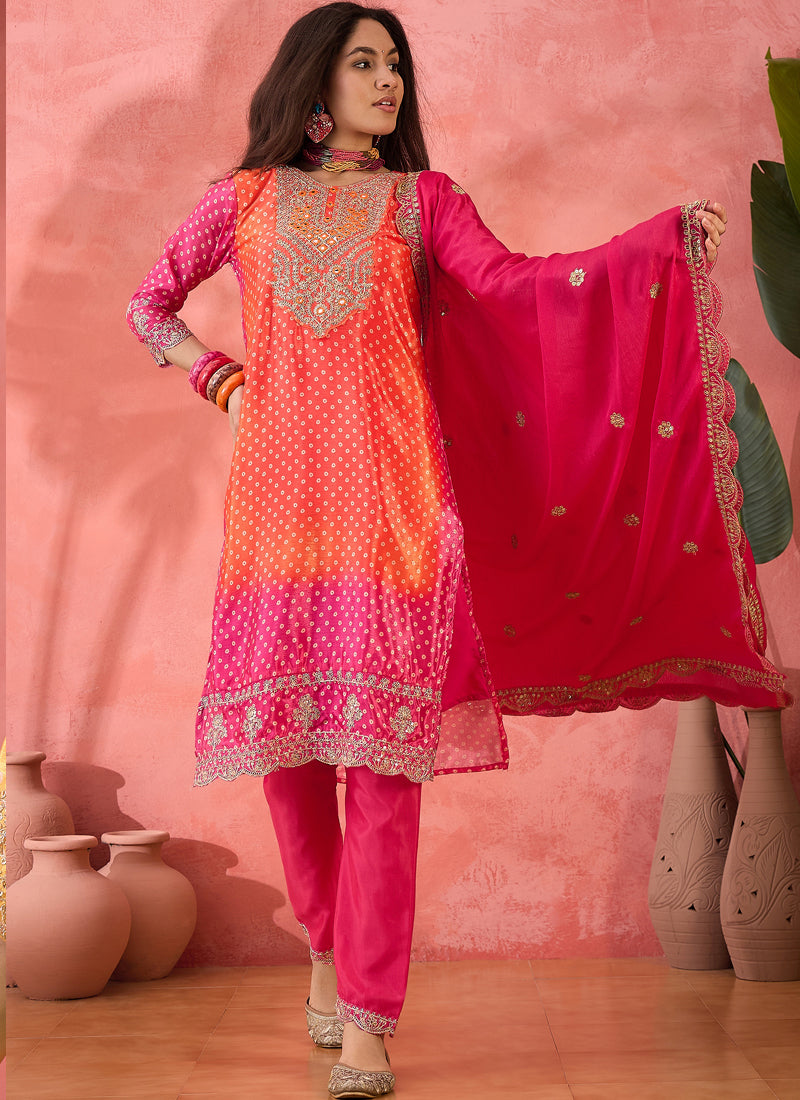 Vegaa Fashion Pink And Orange Chinon Silk Embroidered Salwar Suit | Grocsy