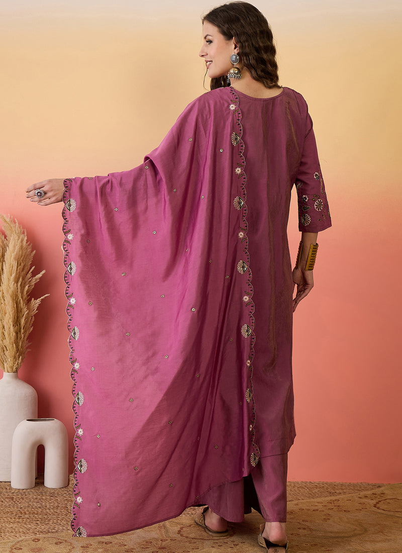 Vegaa Fashion Onion Pink Roman Silk Embroidered Palazzo Suit | Grocsy