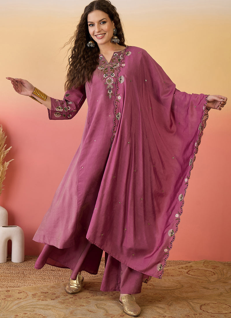 Vegaa Fashion Onion Pink Roman Silk Embroidered Palazzo Suit | Grocsy