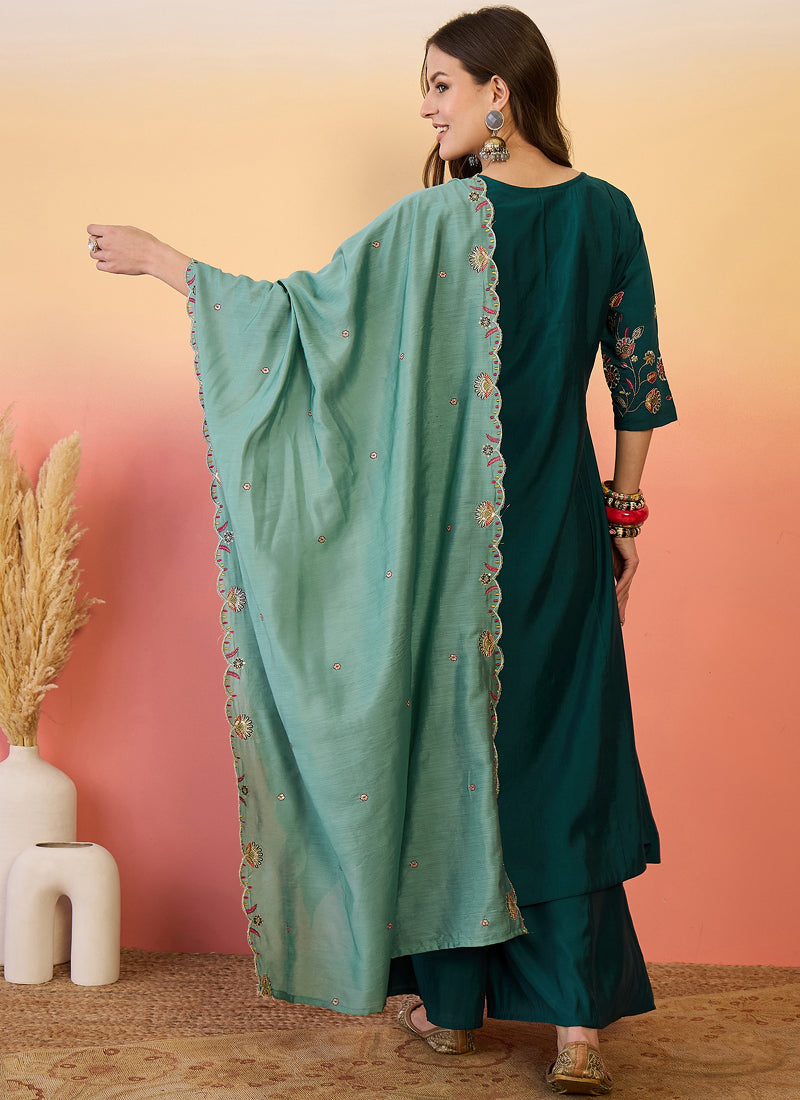 Vegaa Fashion Aqua Green Roman Silk Embroidered Palazzo Suit | Grocsy