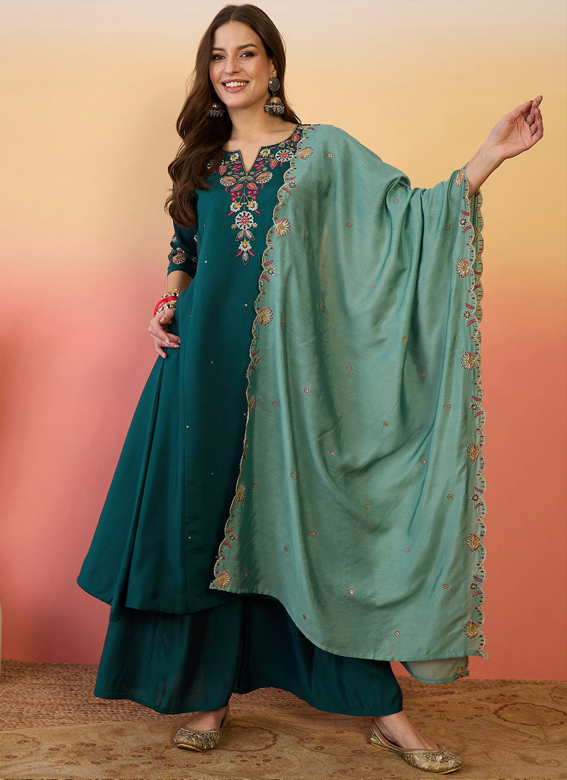 Vegaa Fashion Aqua Green Roman Silk Embroidered Palazzo Suit | Grocsy