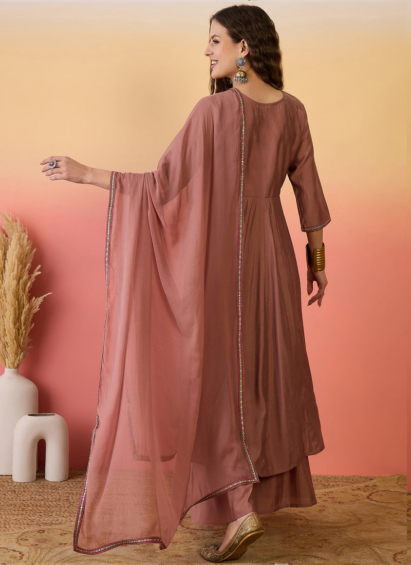 Vegaa Fashion Brown Roman Silk Embroidered Palazzo Suit | Grocsy