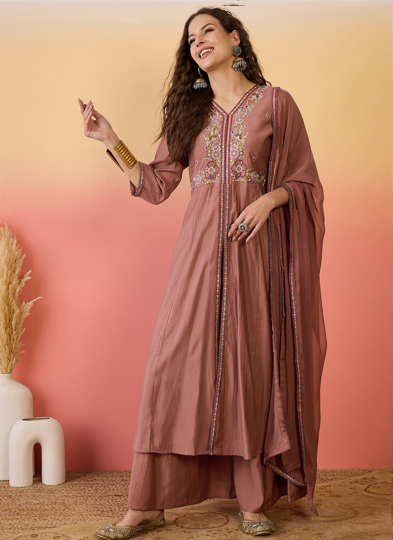 Vegaa Fashion Brown Roman Silk Embroidered Palazzo Suit | Grocsy