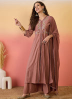 Vegaa Fashion Brown Roman Silk Embroidered Palazzo Suit | Grocsy