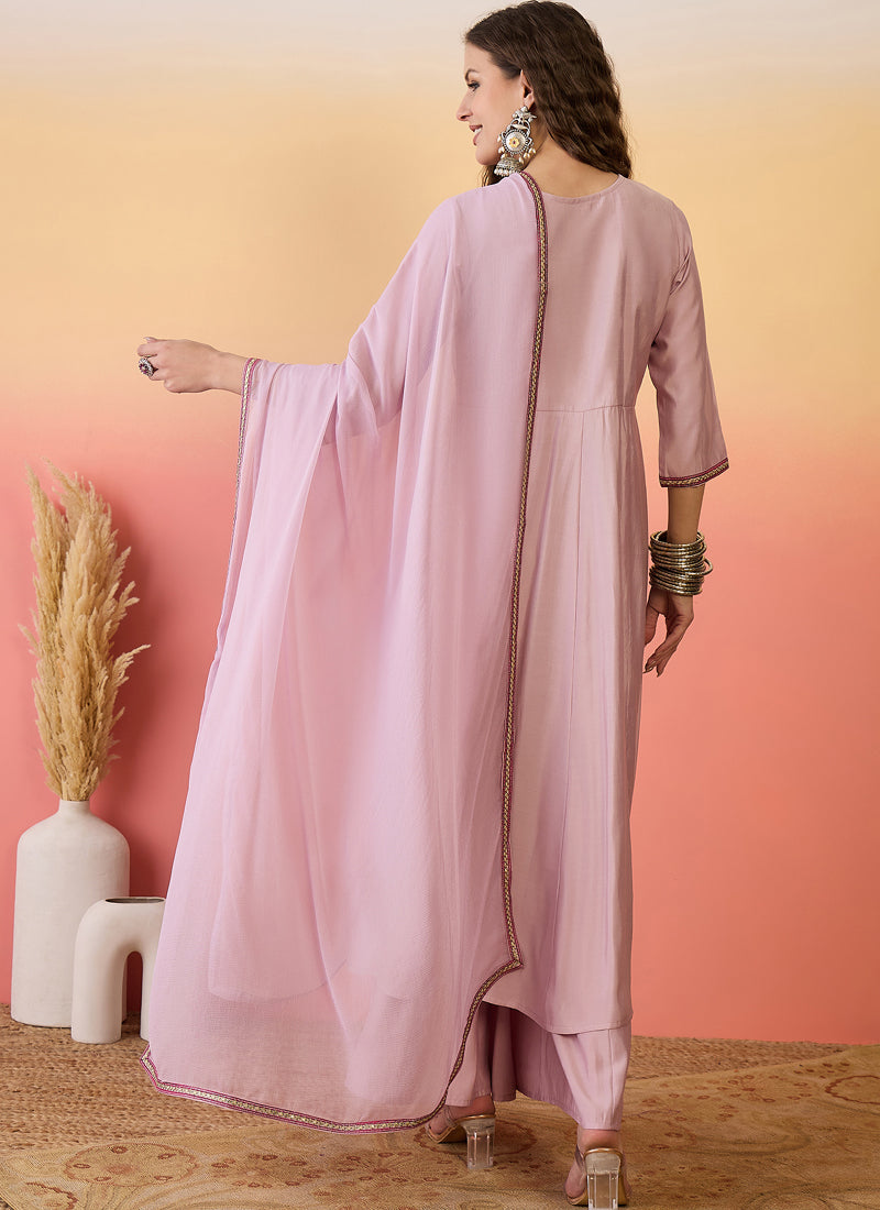 Vegaa Fashion Light Pink Roman Silk Embroidered Palazzo Suit | Grocsy
