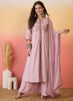 Vegaa Fashion Light Pink Roman Silk Embroidered Palazzo Suit | Grocsy