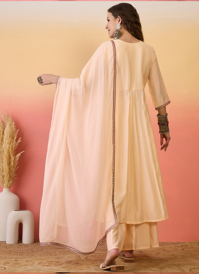 Vegaa Fashion Cream Roman Silk Embroidered Palazzo Suit | Grocsy