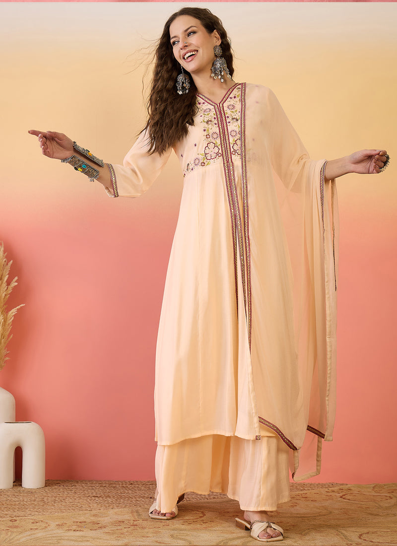 Vegaa Fashion Cream Roman Silk Embroidered Palazzo Suit | Grocsy