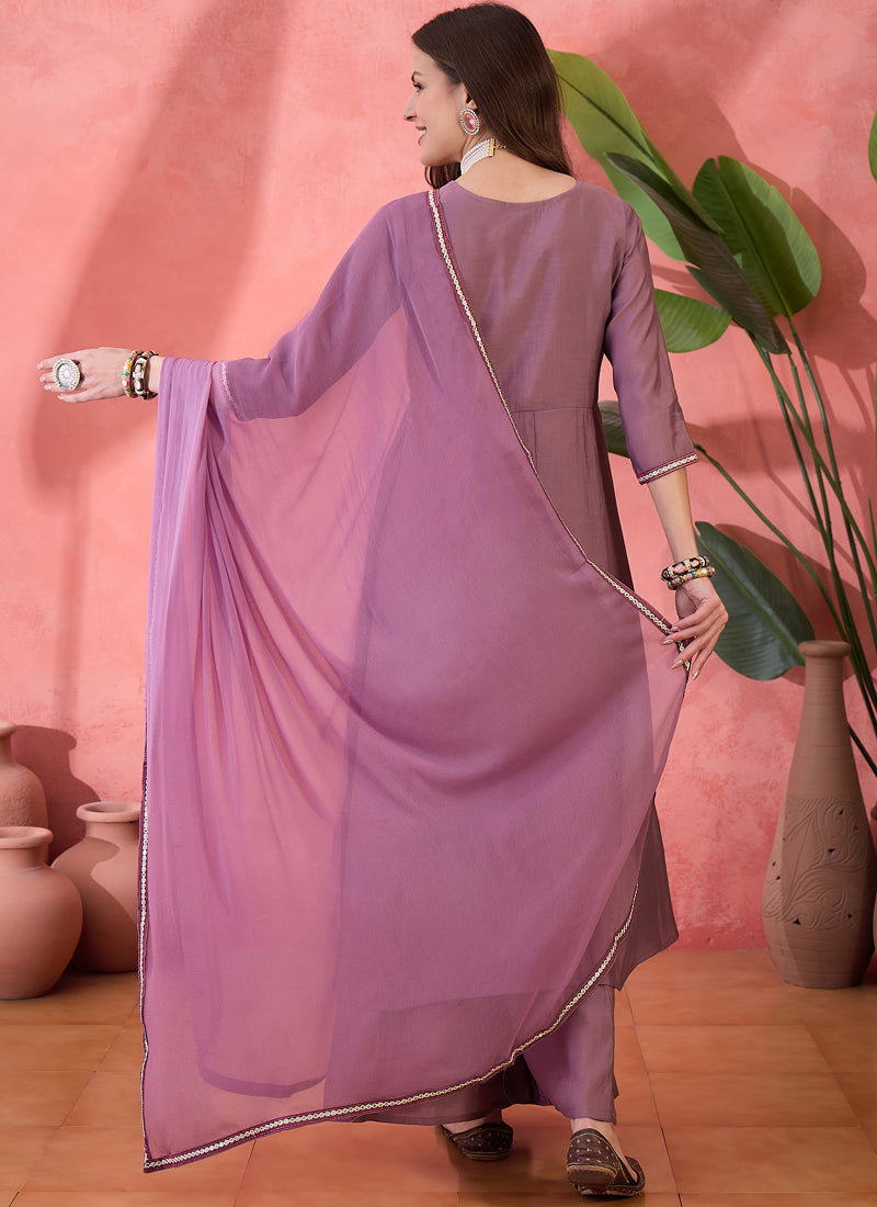 Vegaa Fashion Onion Pink Roman Silk Embroidered Palazzo Suit | Grocsy