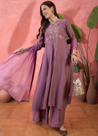 Vegaa Fashion Onion Pink Roman Silk Embroidered Palazzo Suit | Grocsy