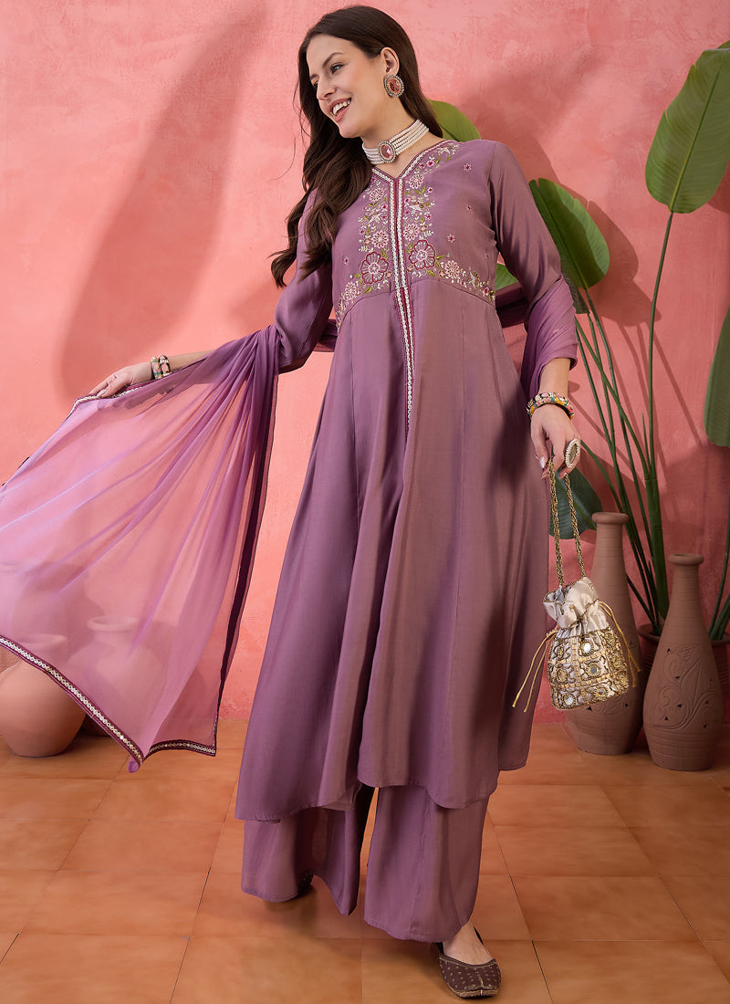 Vegaa Fashion Onion Pink Roman Silk Embroidered Palazzo Suit | Grocsy