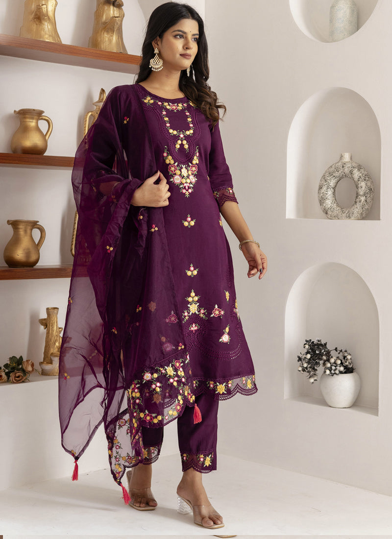 Vegaa Fashion Wine Viscose Silk Embroidered Salwar Suit | Grocsy