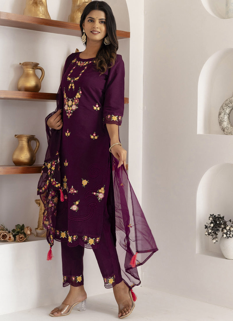 Vegaa Fashion Wine Viscose Silk Embroidered Salwar Suit | Grocsy