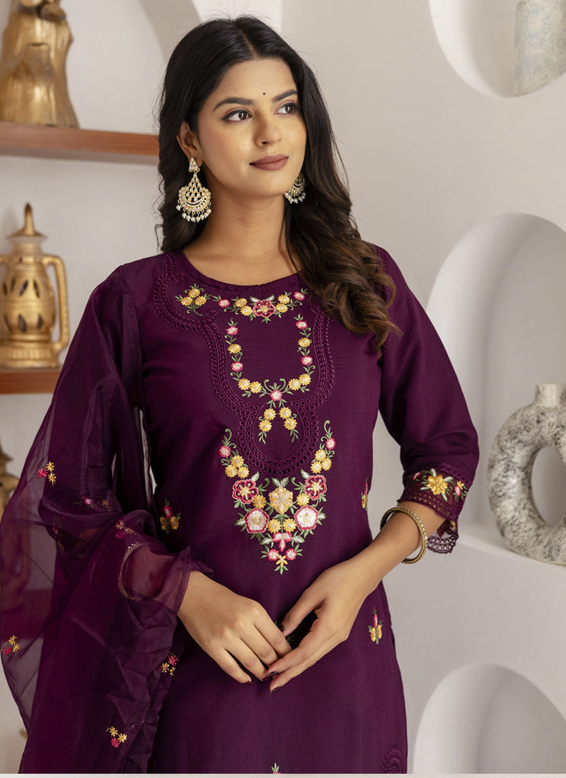 Vegaa Fashion Wine Viscose Silk Embroidered Salwar Suit | Grocsy