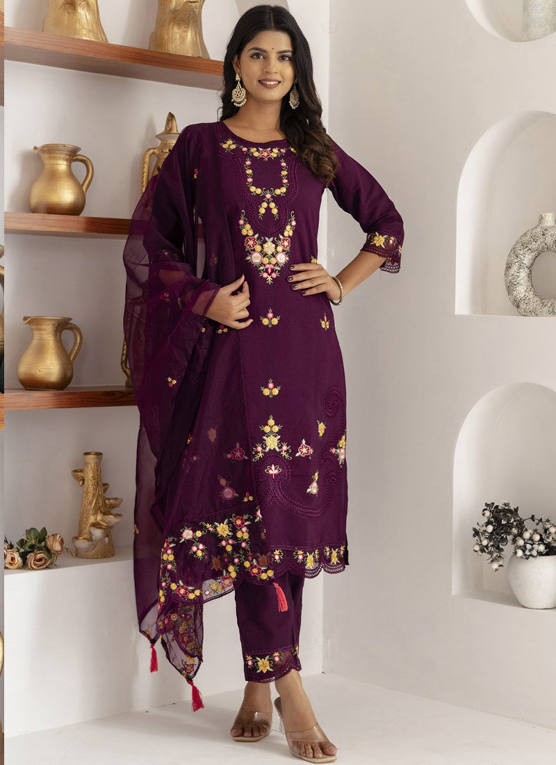 Vegaa Fashion Wine Viscose Silk Embroidered Salwar Suit | Grocsy