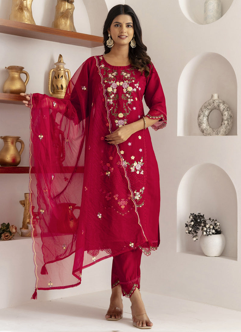 Vegaa Fashion Maroon Viscose Silk Embroidered Salwar Suit | Grocsy