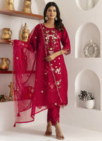 Vegaa Fashion Maroon Viscose Silk Embroidered Salwar Suit | Grocsy