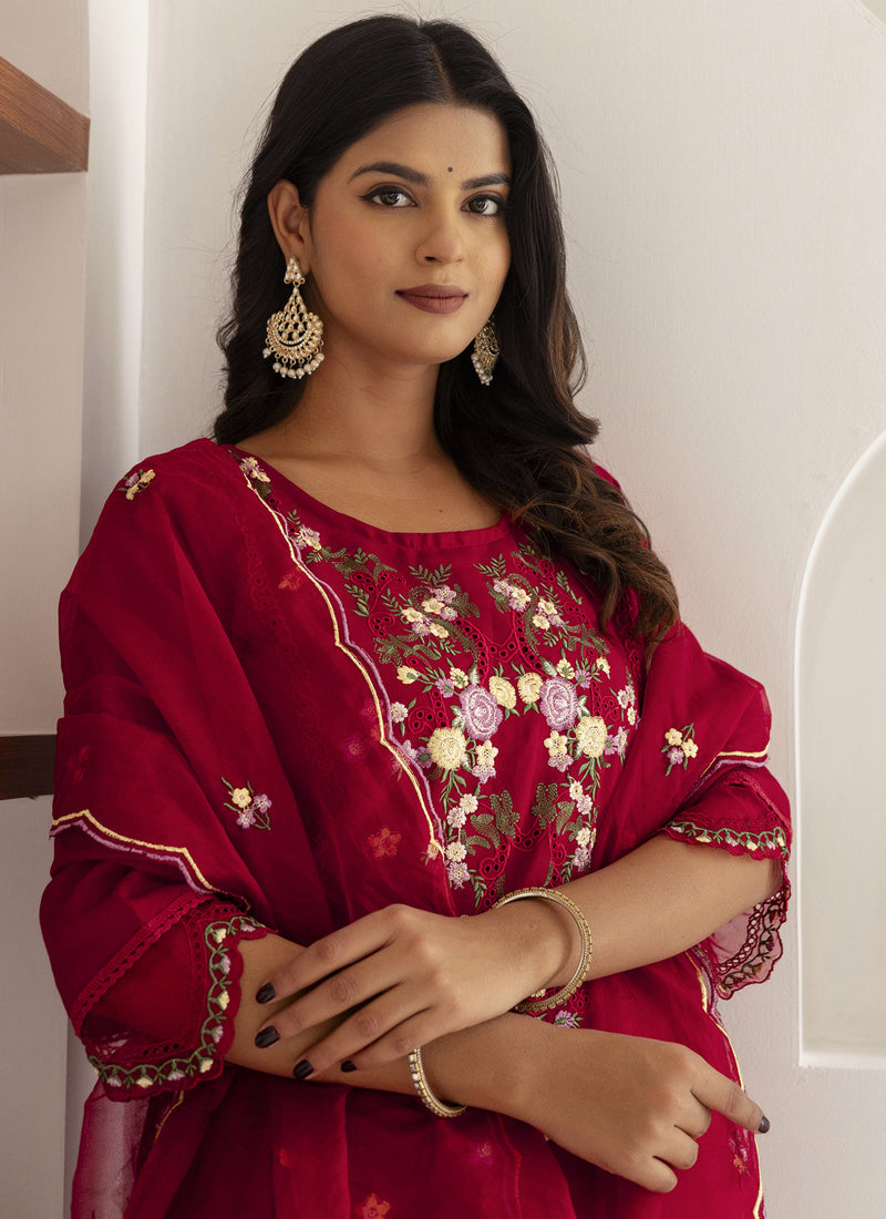 Vegaa Fashion Maroon Viscose Silk Embroidered Salwar Suit | Grocsy