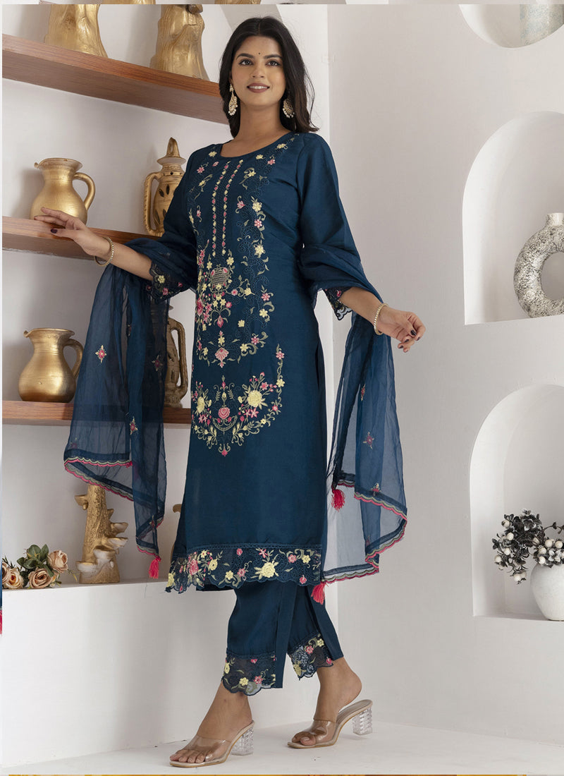 Vegaa Fashion Royal Blue Viscose Silk Embroidered Salwar Suit | Grocsy