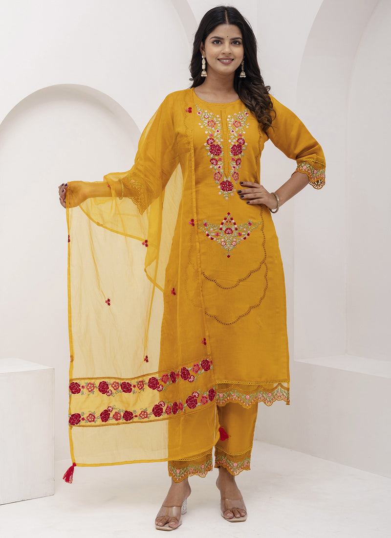 Vegaa Fashion Yellow Viscose Silk Embroidered Salwar Suit | Grocsy