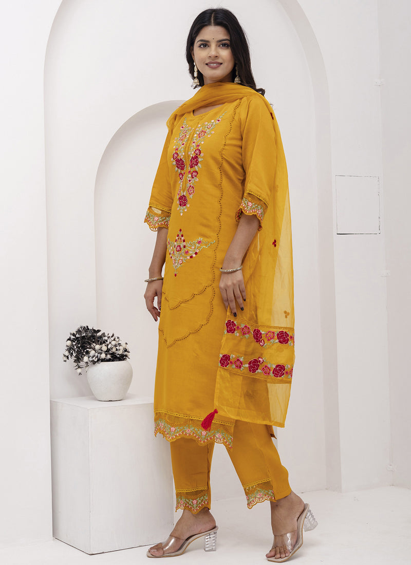 Vegaa Fashion Yellow Viscose Silk Embroidered Salwar Suit | Grocsy