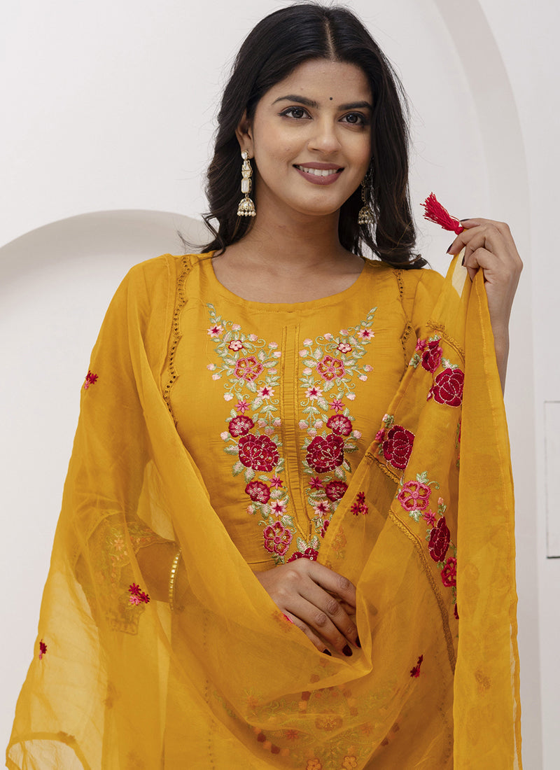 Vegaa Fashion Yellow Viscose Silk Embroidered Salwar Suit | Grocsy