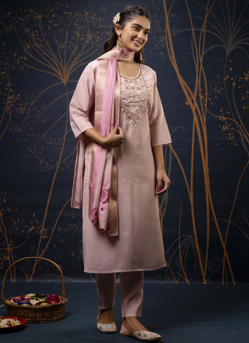 Vegaa Fashion Baby Pink Shimmer Silk Embroidered Salwar Suit | Grocsy